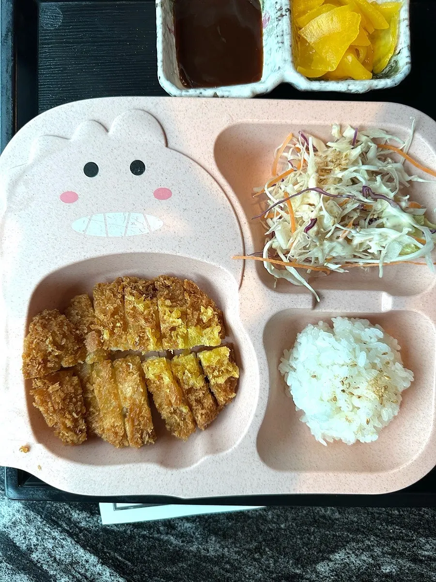 Kids' tray with pork cutlet, rice, and salad