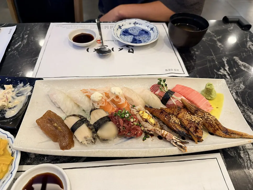 Close-up of eel sushi and tuna sushi
