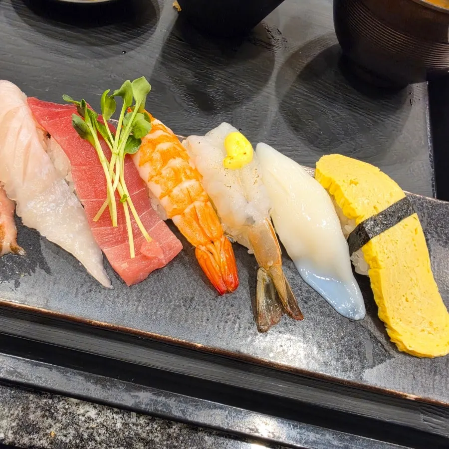 Close-up of tuna and halibut fin sushi