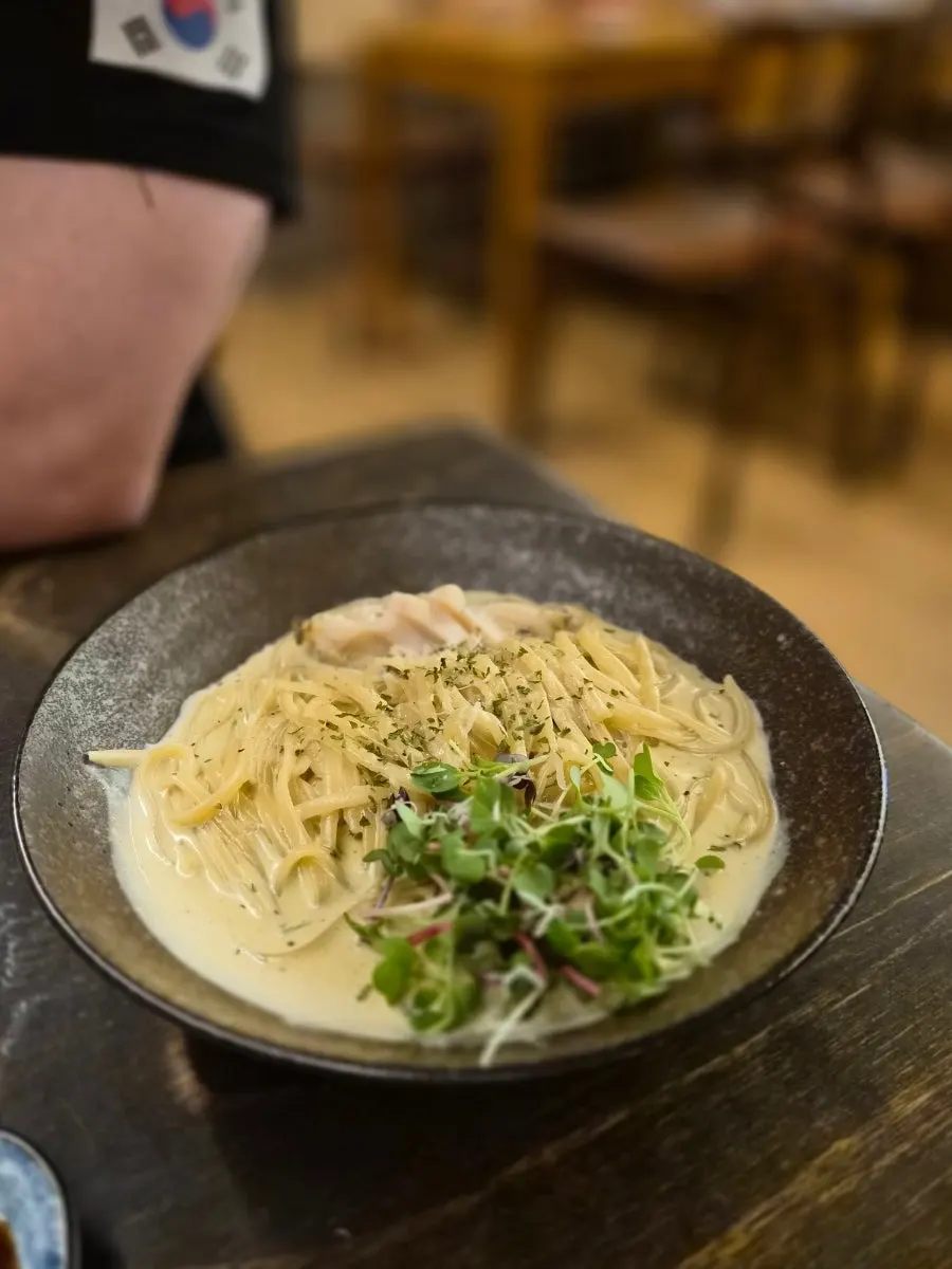 Close-up of the cream-based abalone innard pasta
