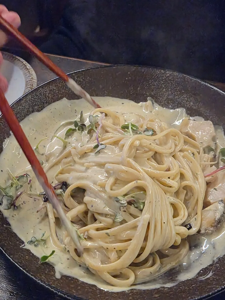 Abalone innard pasta served as the warm dish