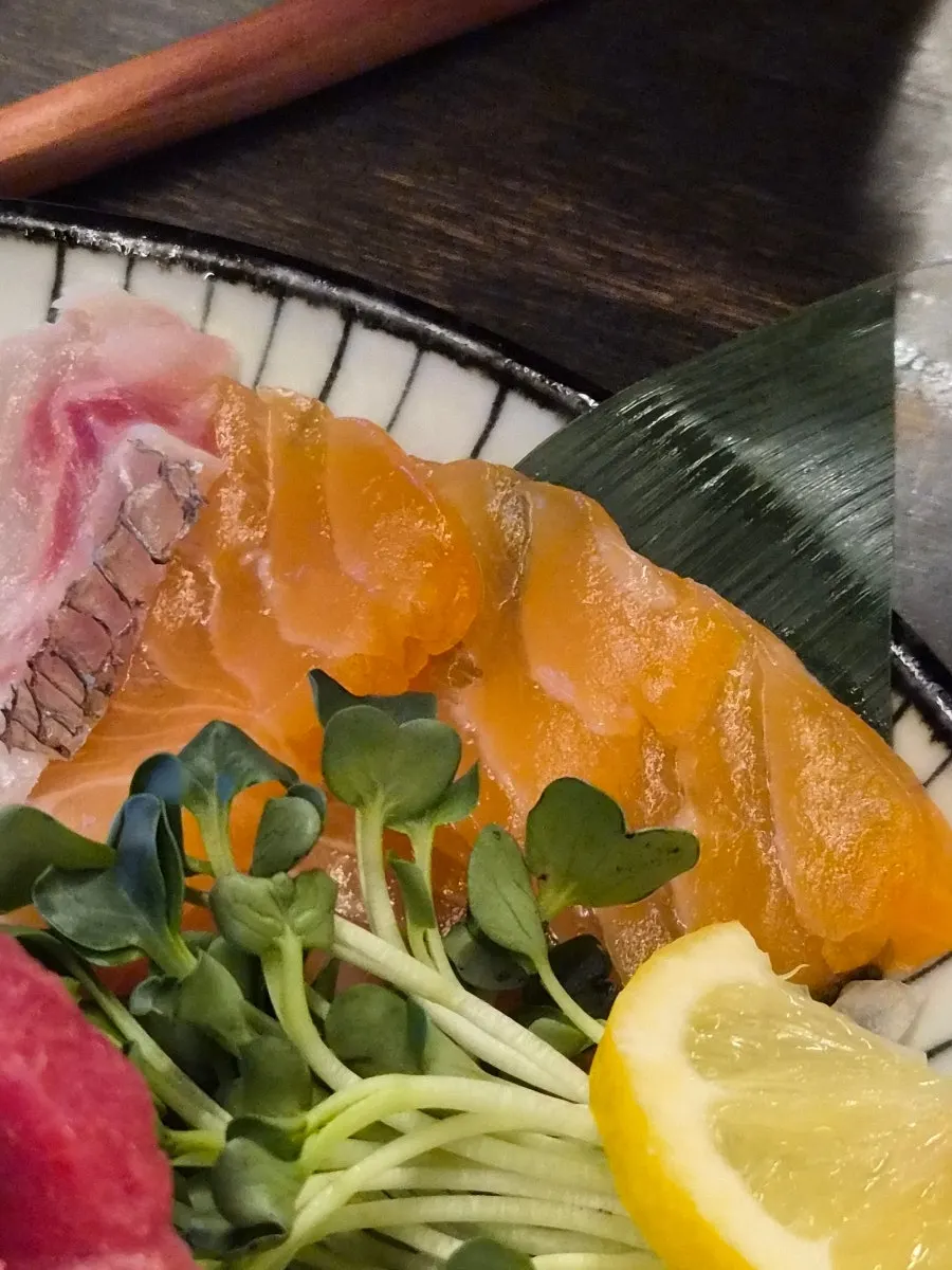 Close-up of a single piece of sashimi from the moriawase