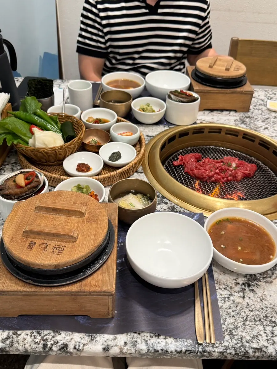 Table laid out with pot rice, meat, and doenjang jjigae