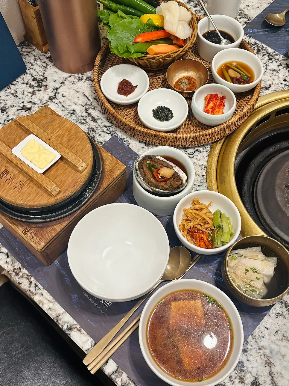 Table spread of the ordered hanwoo charcoal-grilled meat