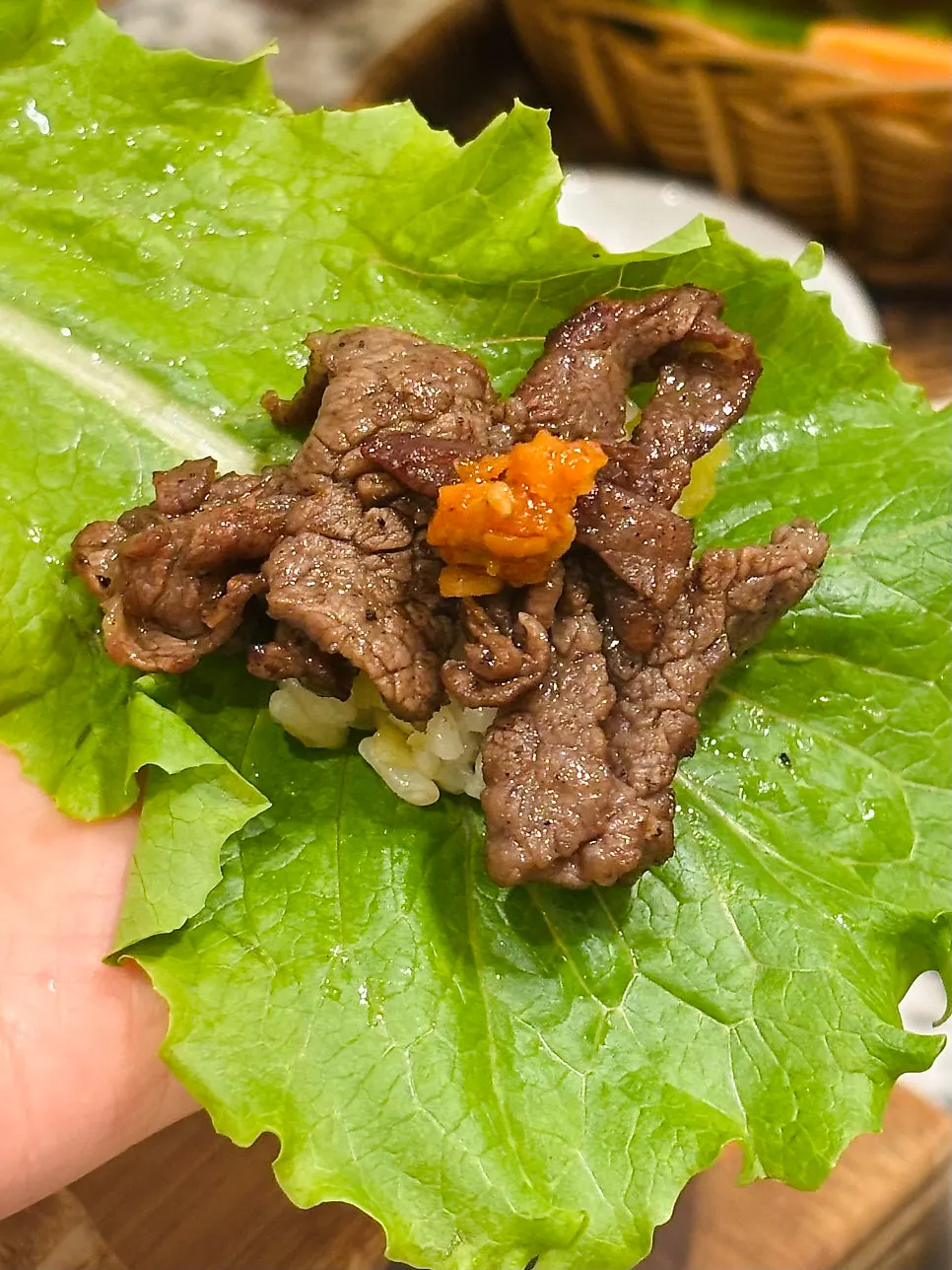 Hanwoo wrap with barley ssamjang and vegetables