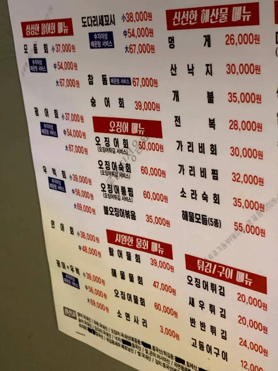 제철 오징어 메뉴가 적힌 미스터오징어 메뉴판