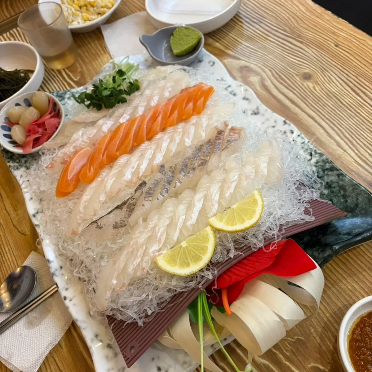 Assorted sashimi platter of flounder, rockfish and salmon
