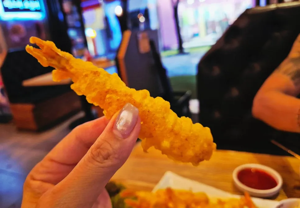 Cross-section of a bitten shrimp tempura