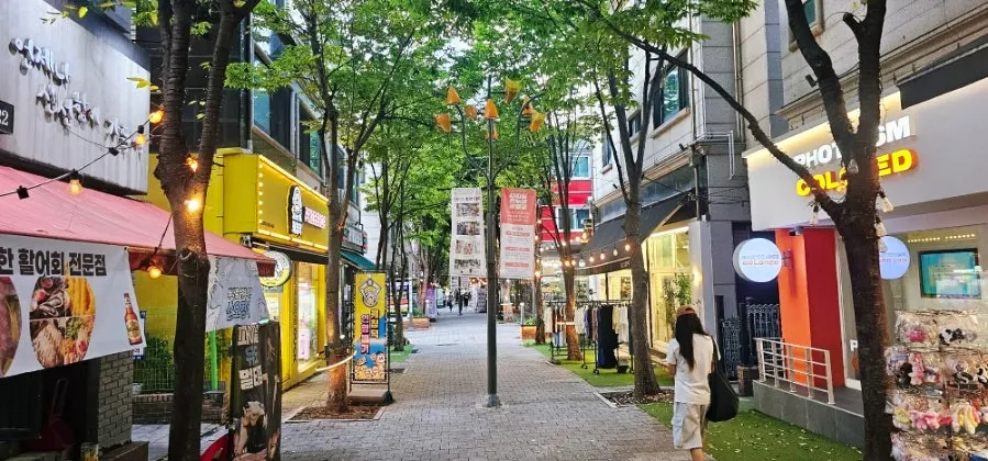 네온사인이 켜지기 시작한 보정동 카페거리