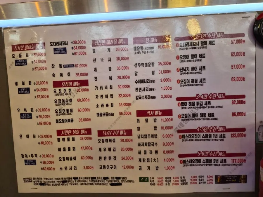 Menu showing assorted sashimi sizes and free spicy stew notice