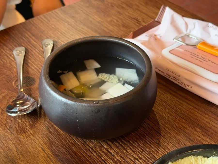 Steamed egg and dongchimi complimentary sides