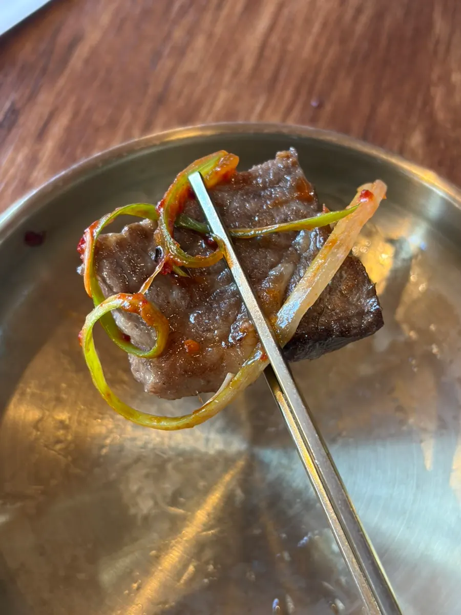 Grilled rib eaten together with seasoned green onions