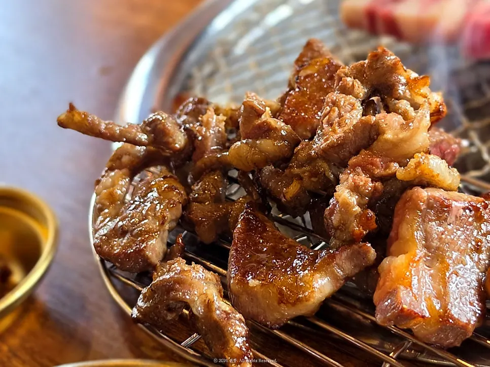 Close-up of glossy grilled beef rib meat