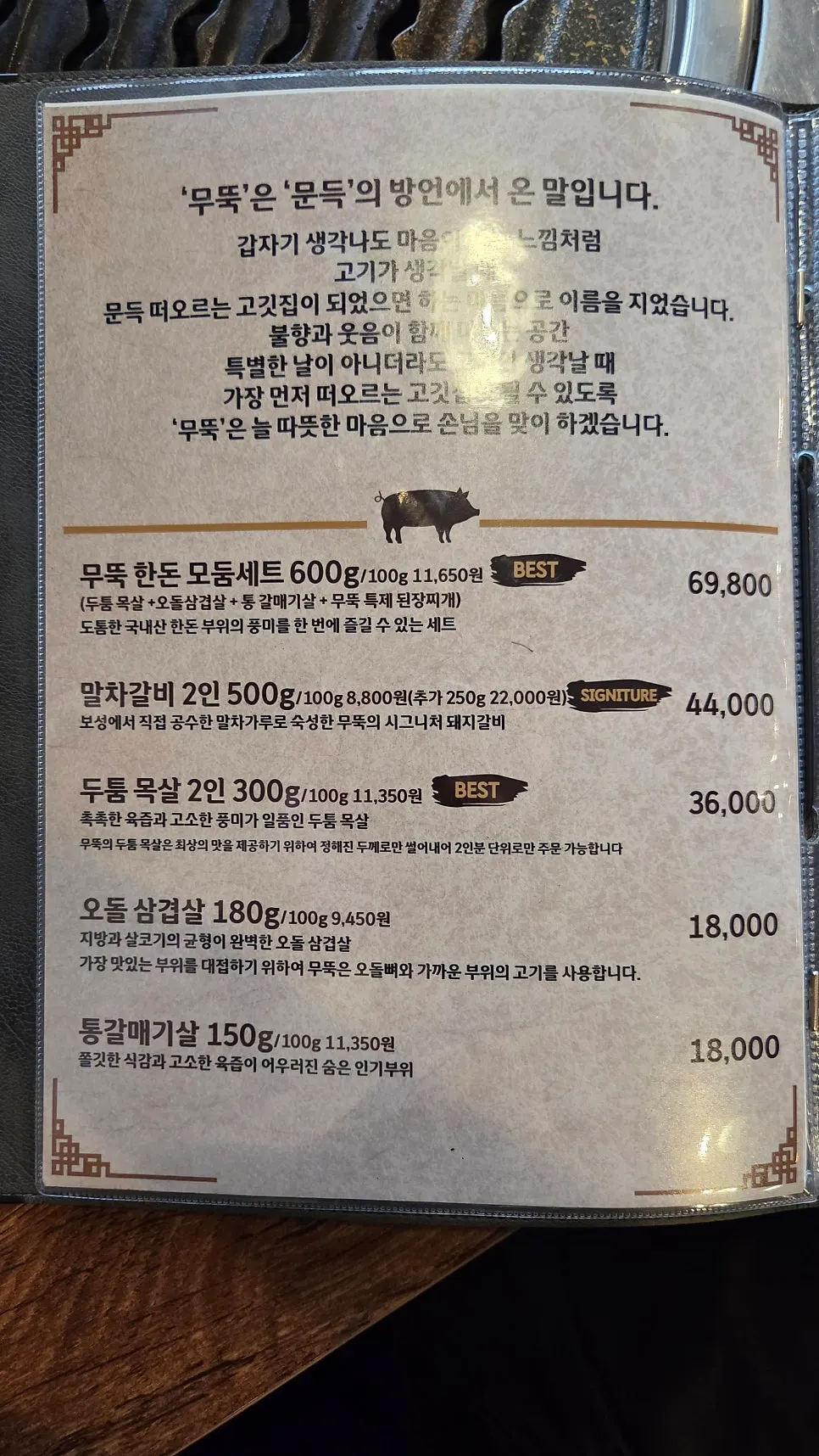 Menu page listing individual dishes