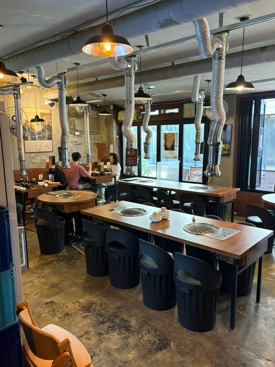 Spacious, bright interior with tables