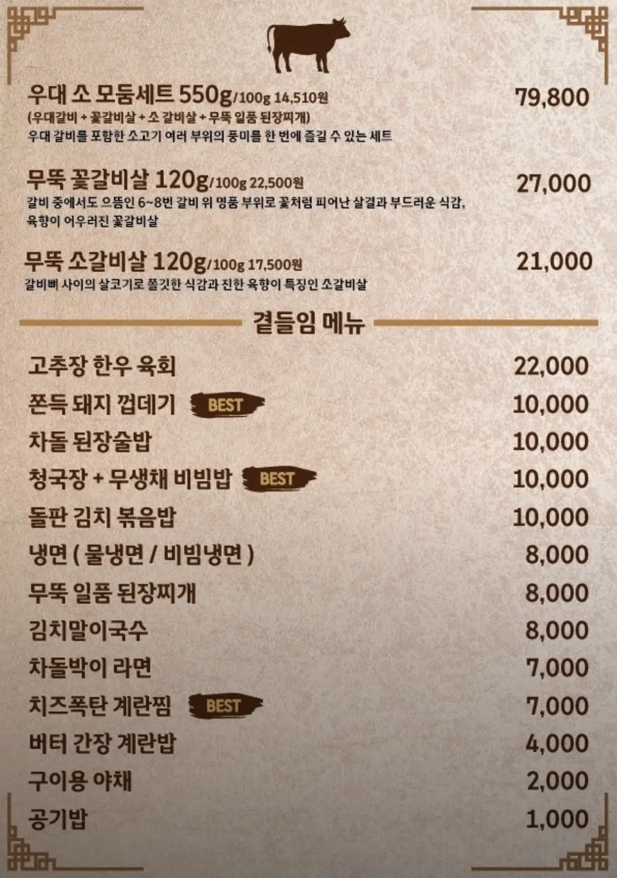 Menu listing pork and beef prices