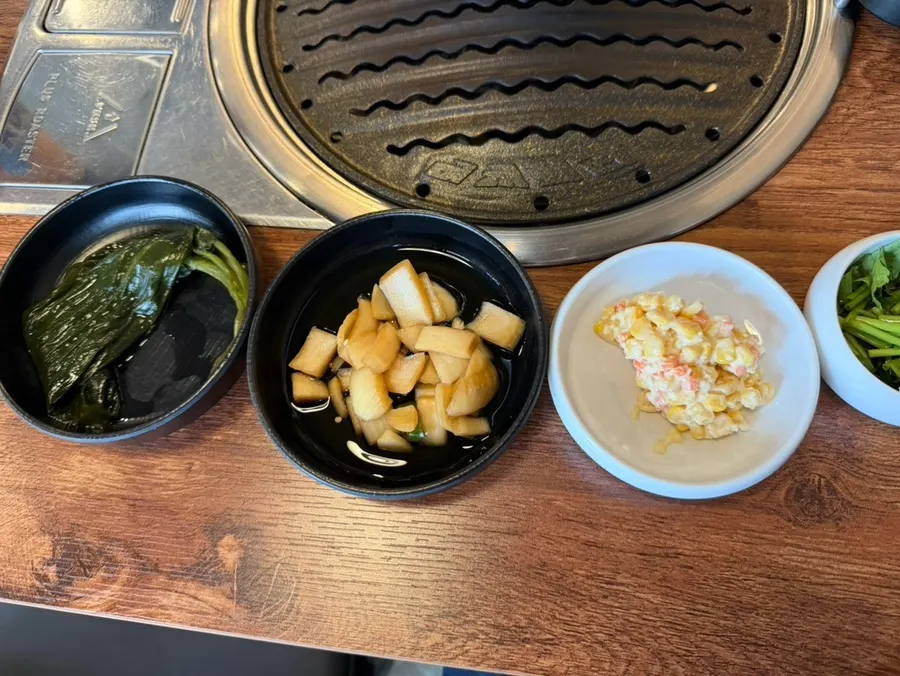 Dipping sauces including salt, wasabi, squid jeotgal and ssamjang
