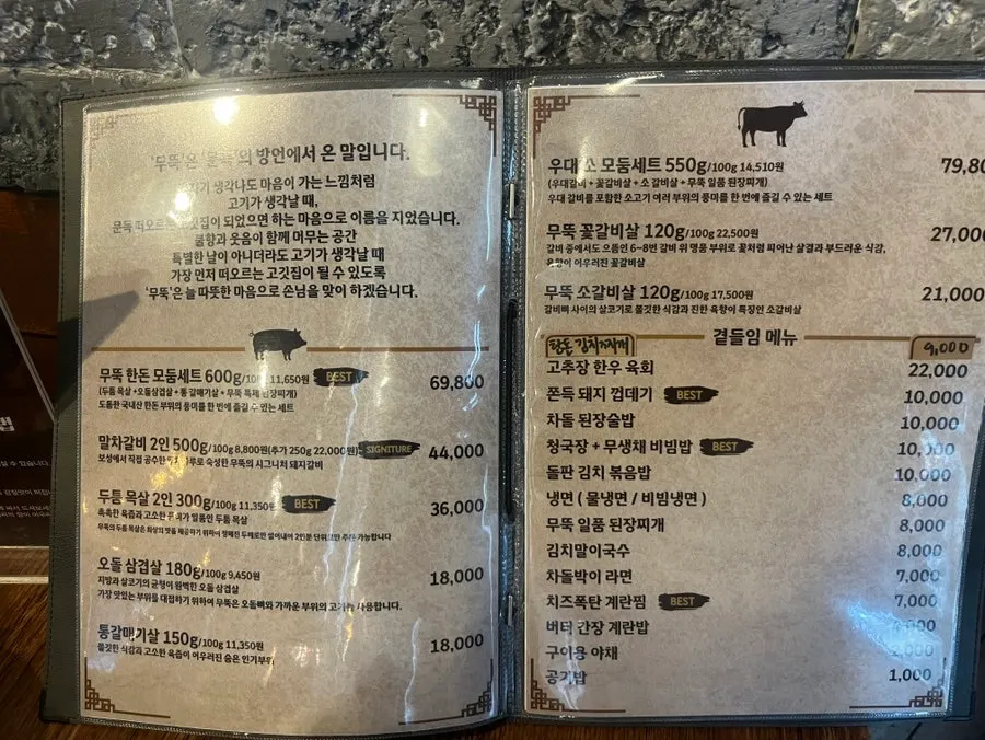 Pork menu board at Muttuk Sookdae Main Branch