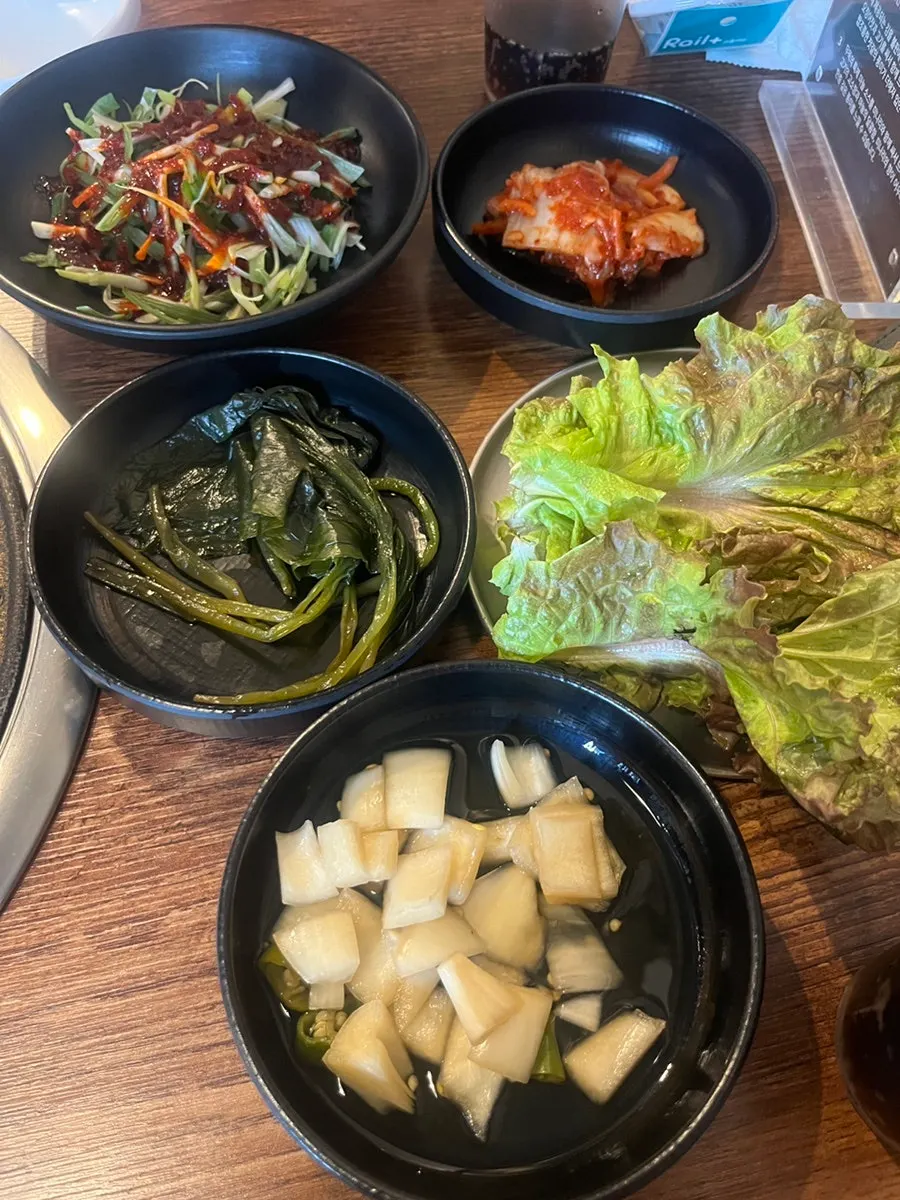 Three types of dipping sauce for the meat: ssamjang, salt, and wasabi
