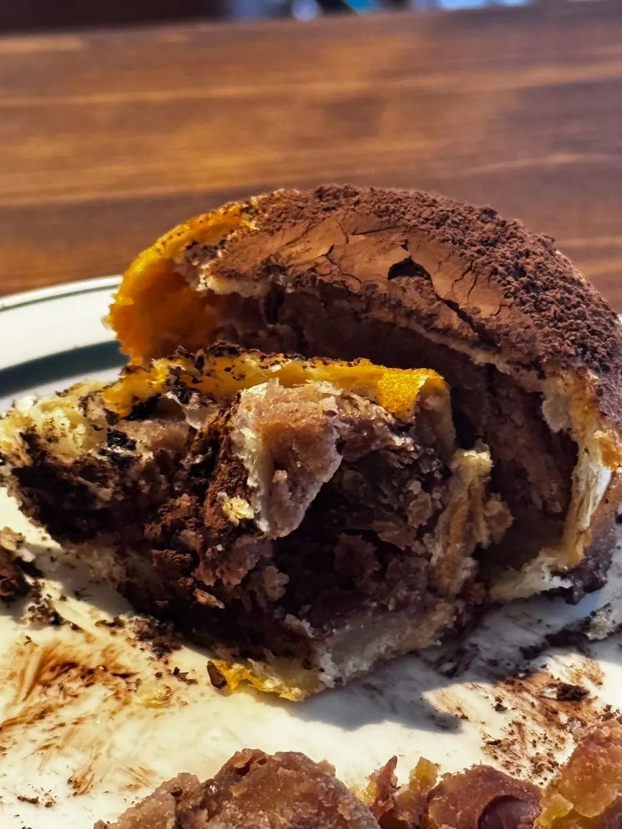 Cross-section of a bitten choco chestnut pie