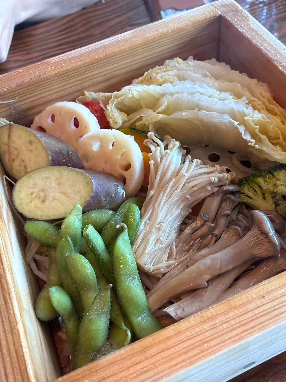 Vegetable tray full of lotus root, broccoli and mushrooms for the hoban-jjim