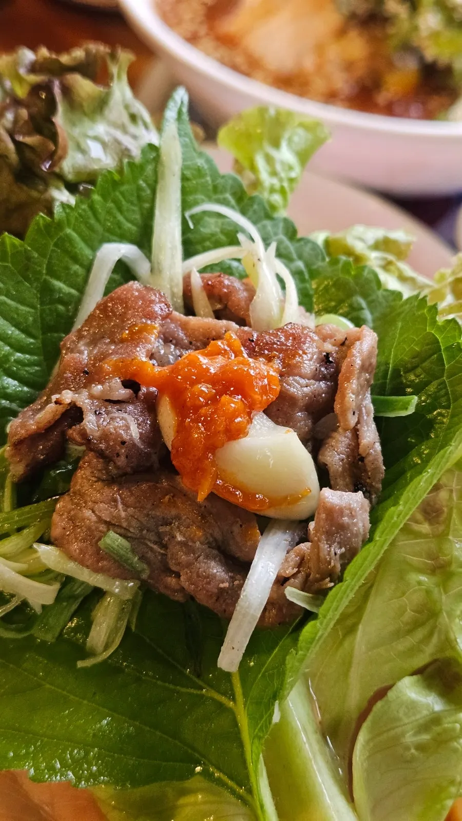 Close-up of bulgogi warmed with shredded scallions
