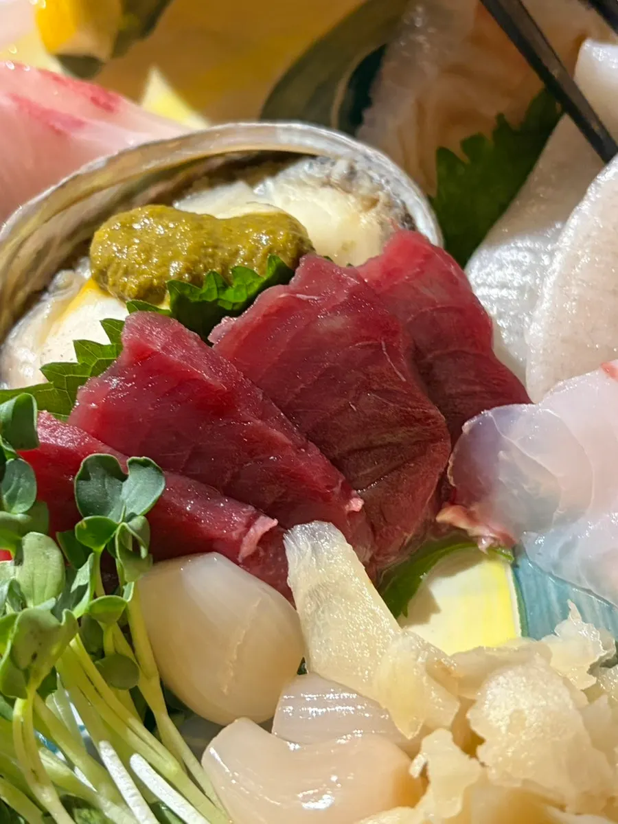 Close-up of aged sashimi including amberjack and sea bass