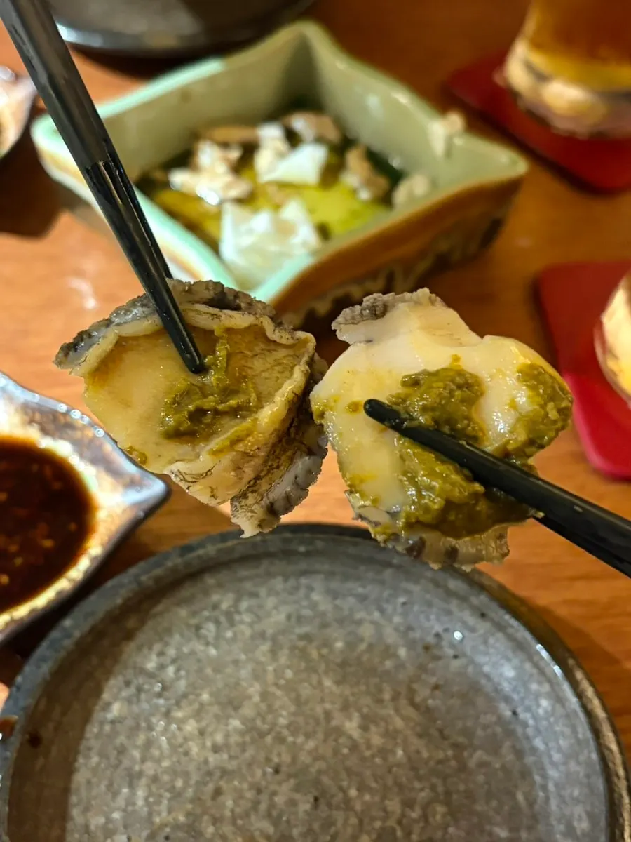 Abalone sashimi served as part of the moriawase