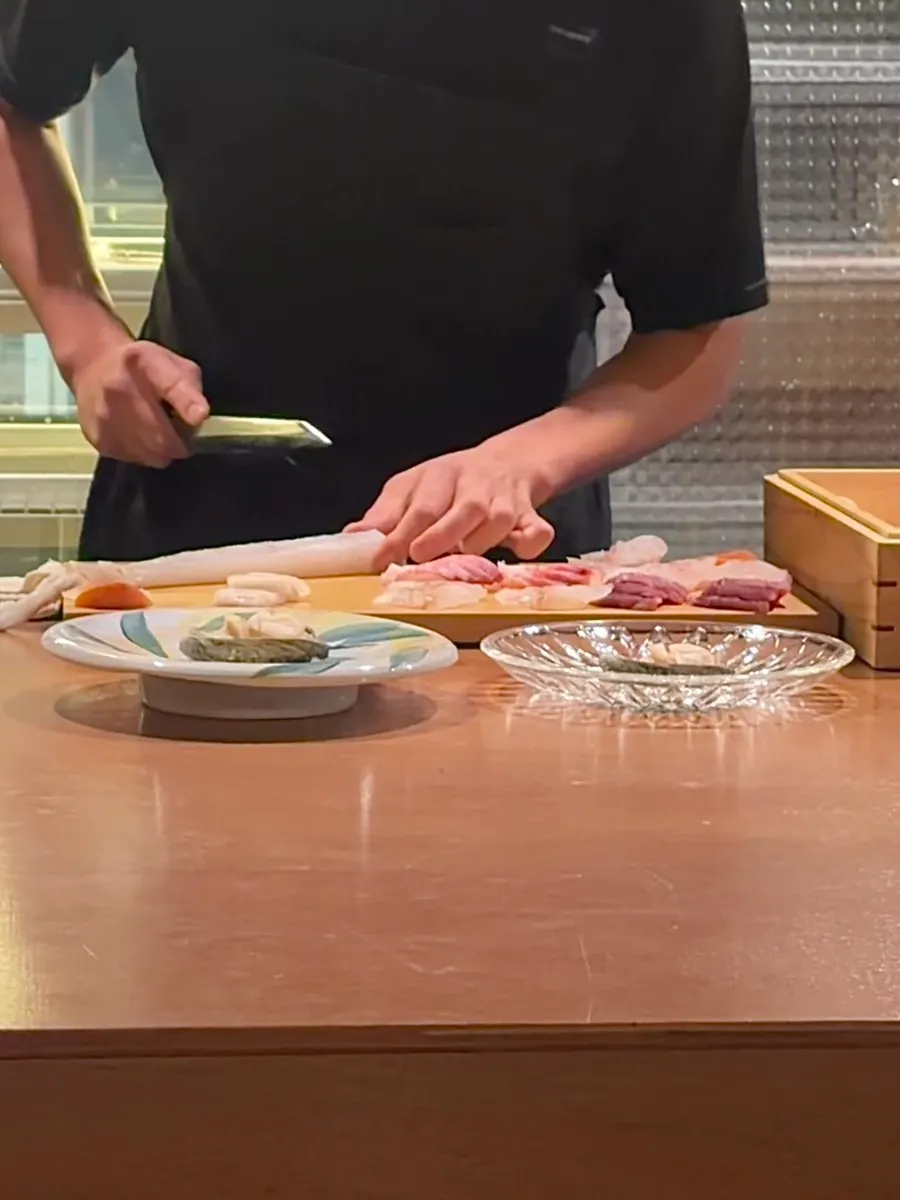 Close-up of a piece of mackerel bongcho sushi