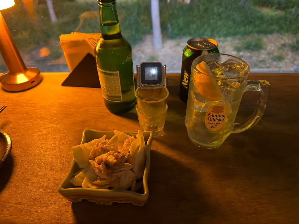 Table setting served with soju