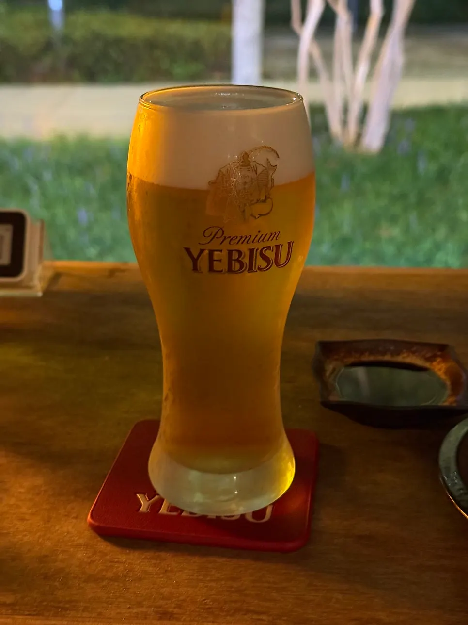 A glass of Yebisu draft beer at Mulgogijip