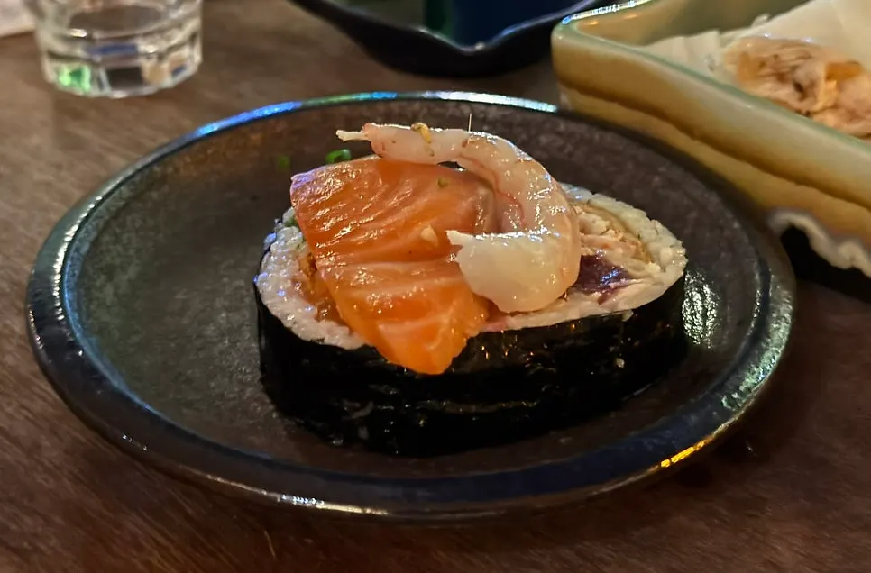 Futomaki topped with salmon and sweet shrimp