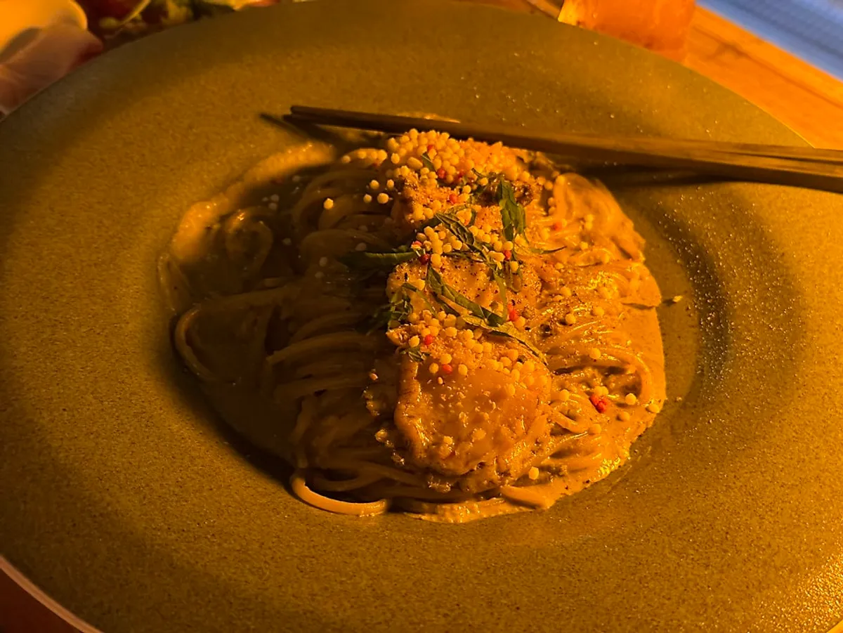 A plate of truffle abalone innard cream pasta