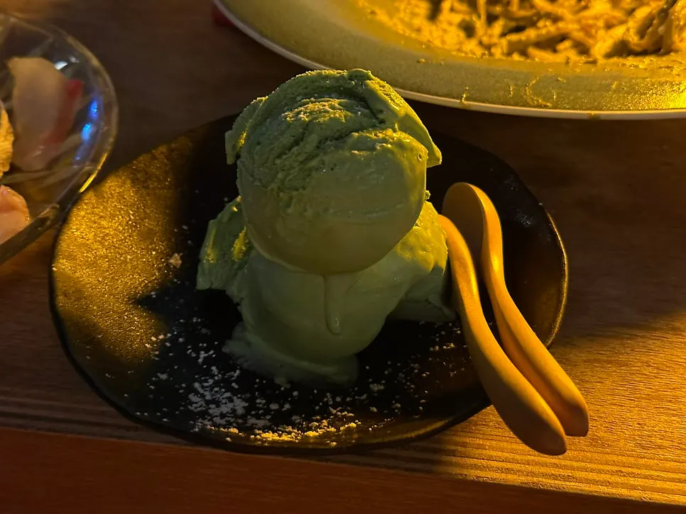 Green tea ice cream topped with Maldon salt
