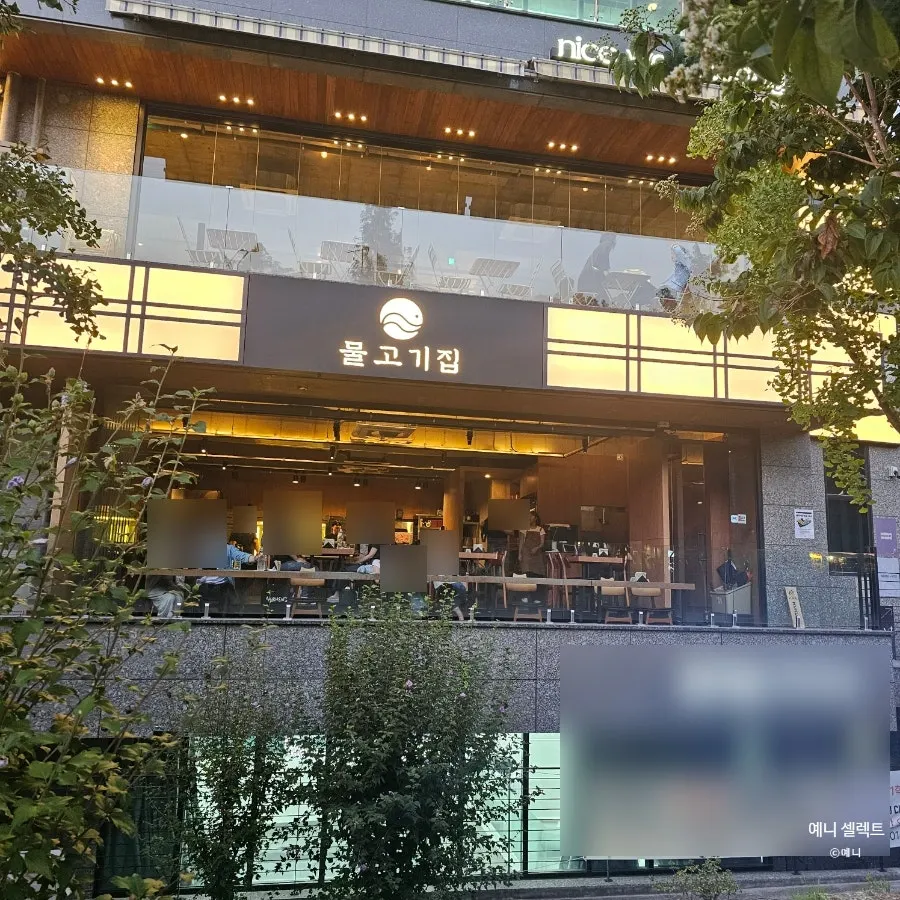 창밖 숲길이 보이는 물고기집 매장 내부