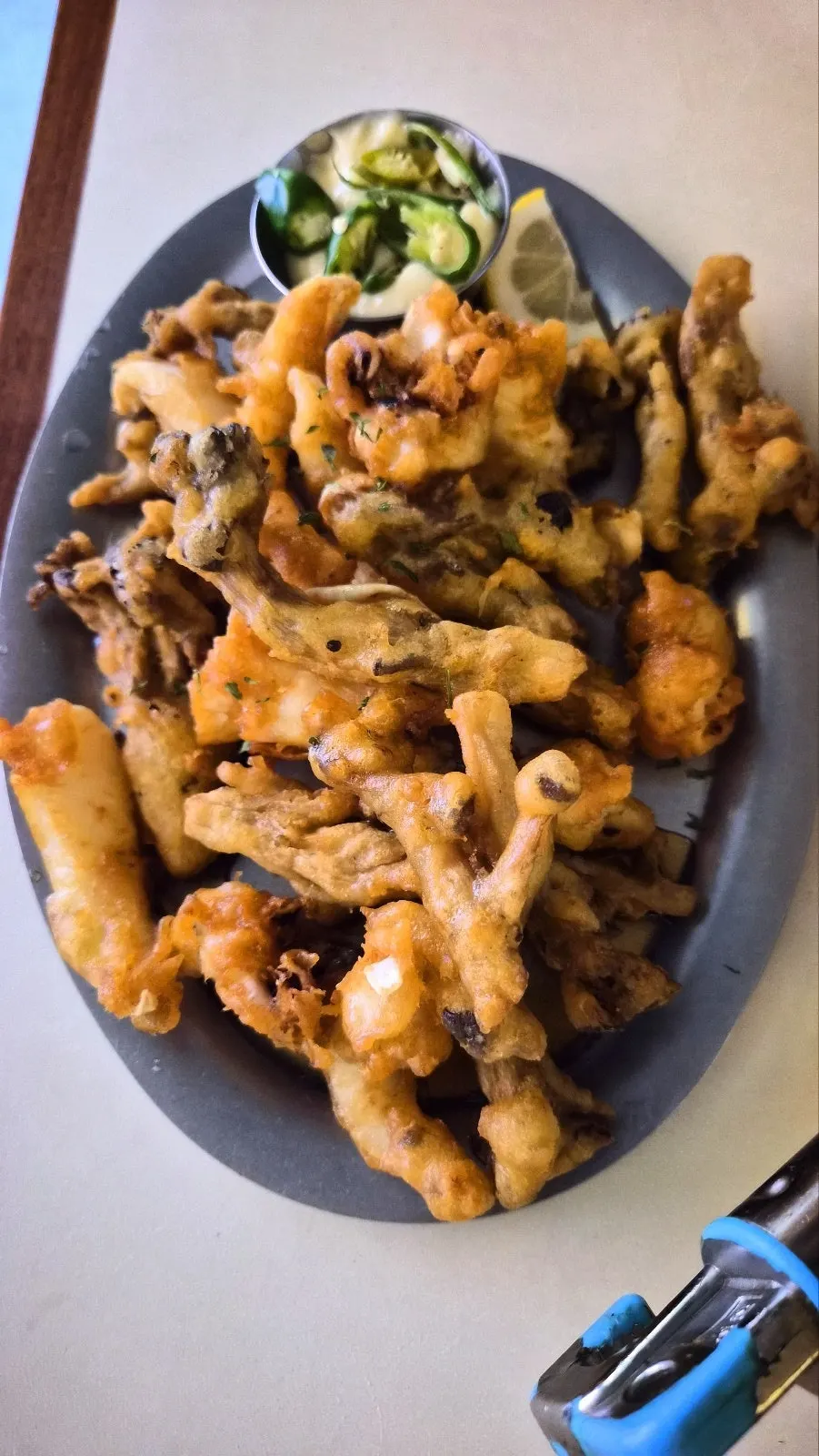 Freshly fried, thick cuttlefish and mushroom fritters