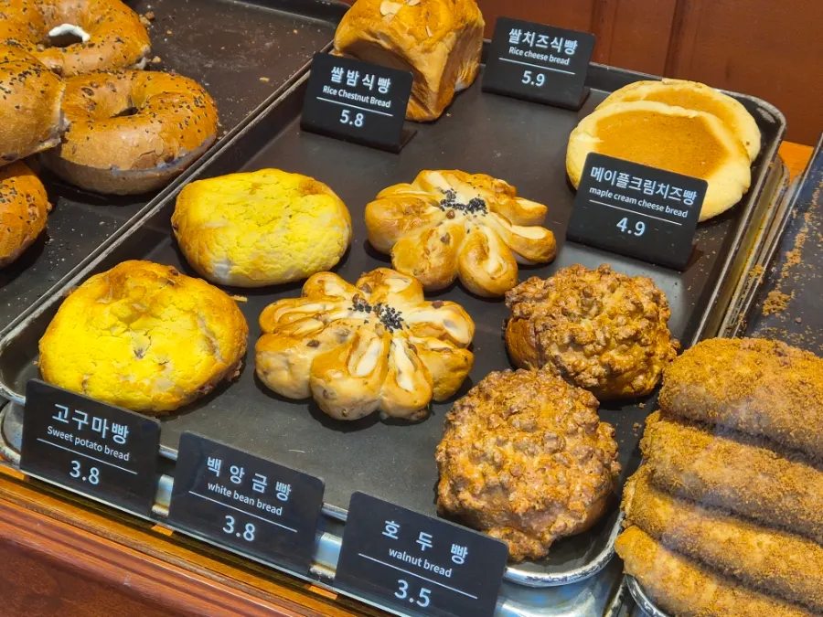 Bakery display with coffee bread and cheese bread