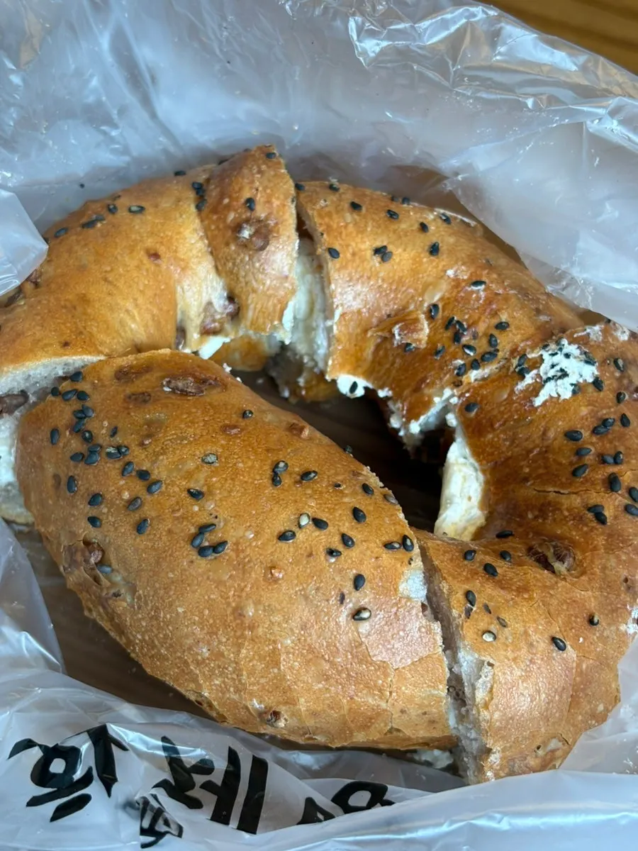 Close-up of the surface of Munhwa Bakery's onion bagel