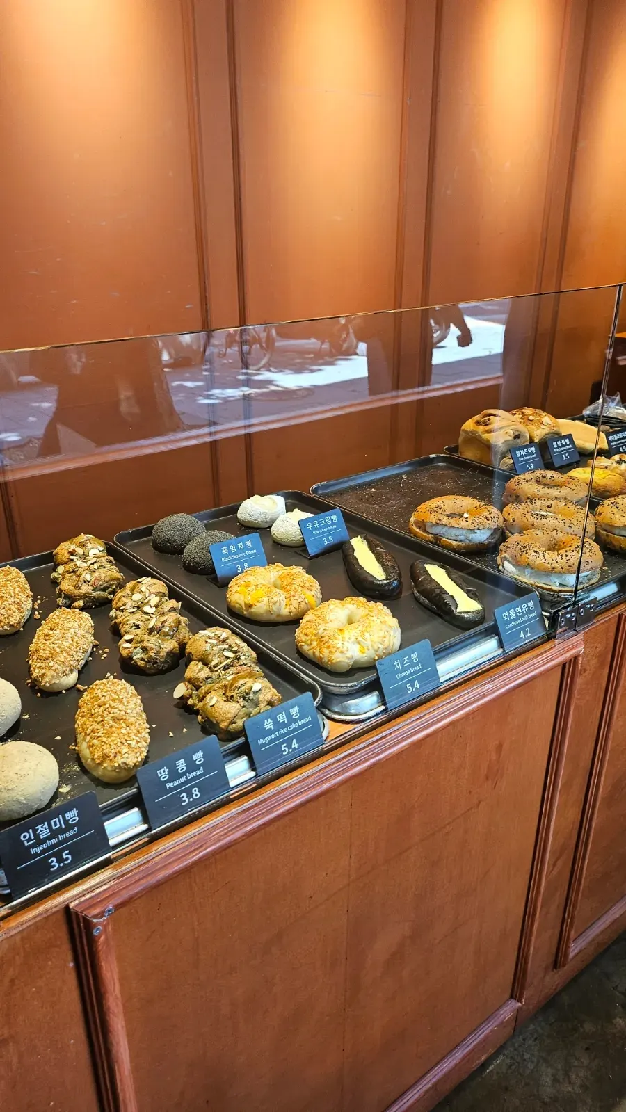 Bread display shelves inside Munhwa Bakery