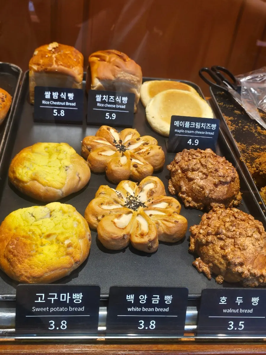 Close-up of bread in Munhwa Bakery's display case