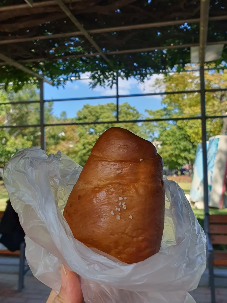 먹물연유빵 한 입 베어문 모습