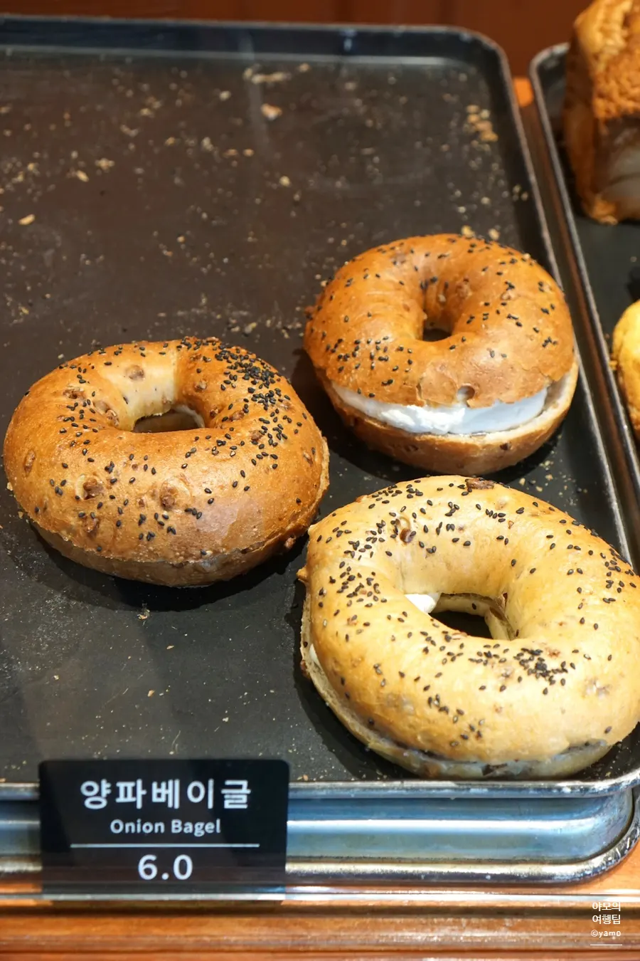 진열대에 놓인 양파베이글