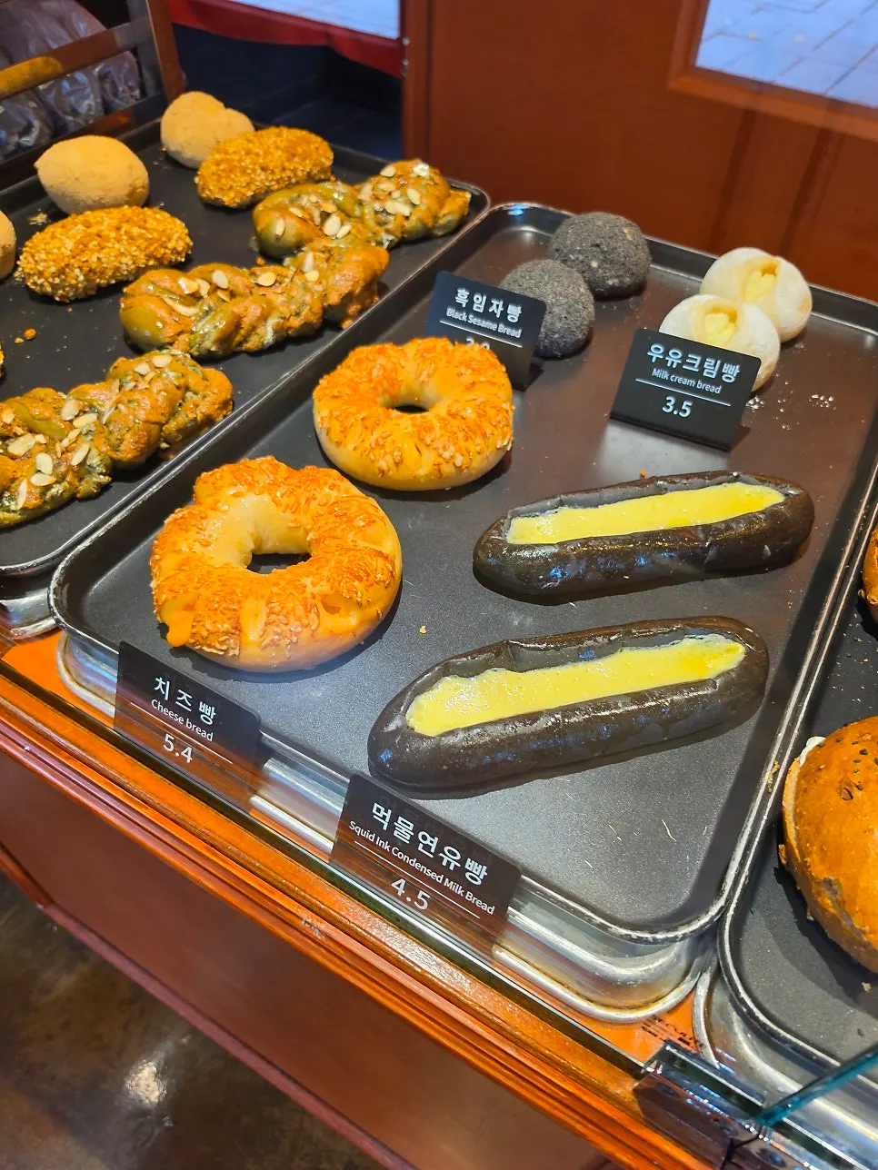 Various breads displayed with price tags