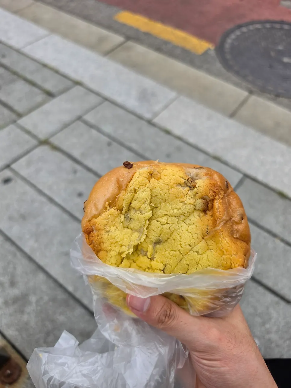 Cross-section of sweet potato bread with cookie topping