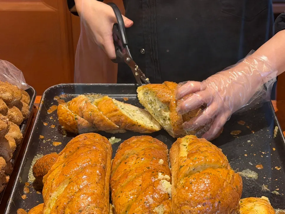 Garlic baguette displayed on the shelf
