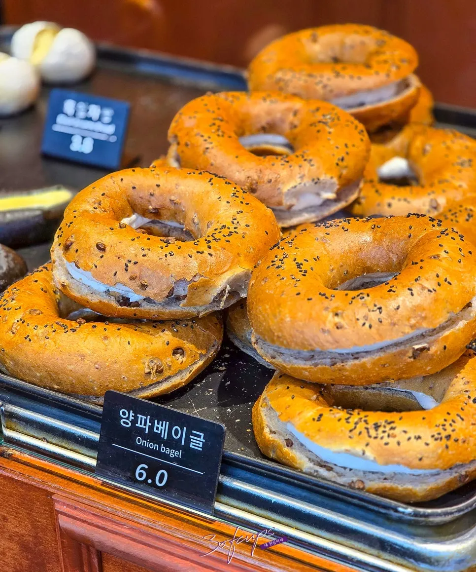 Close-up of a large onion bagel