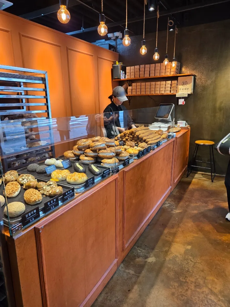 Bread display case inside Munhwa Bakery