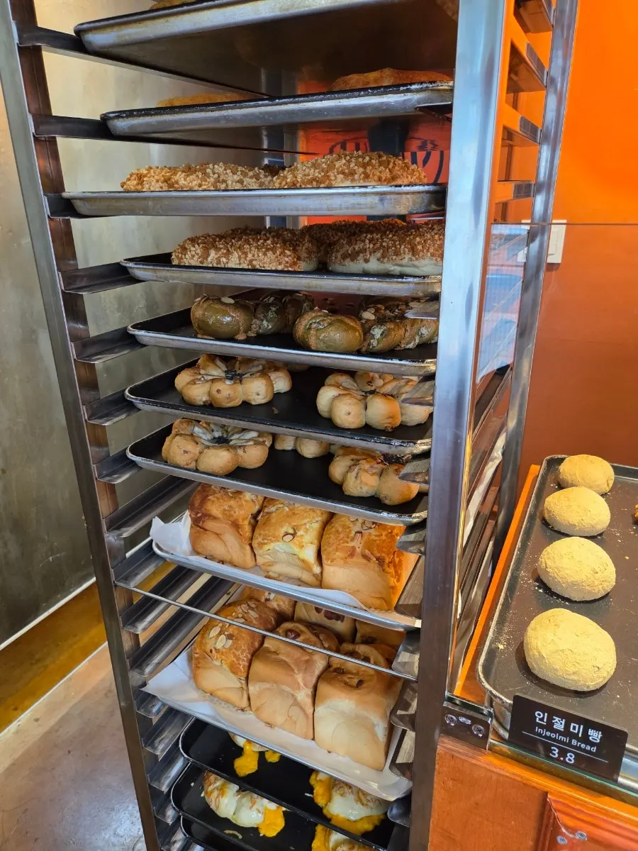 Rows of different breads at Munhwa Bakery