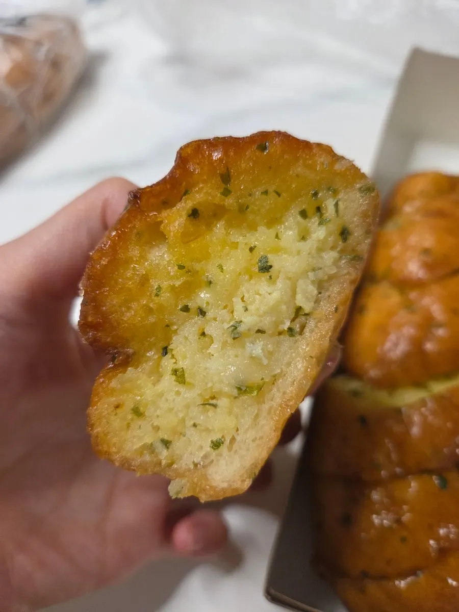 Cross-section of the moist garlic bread