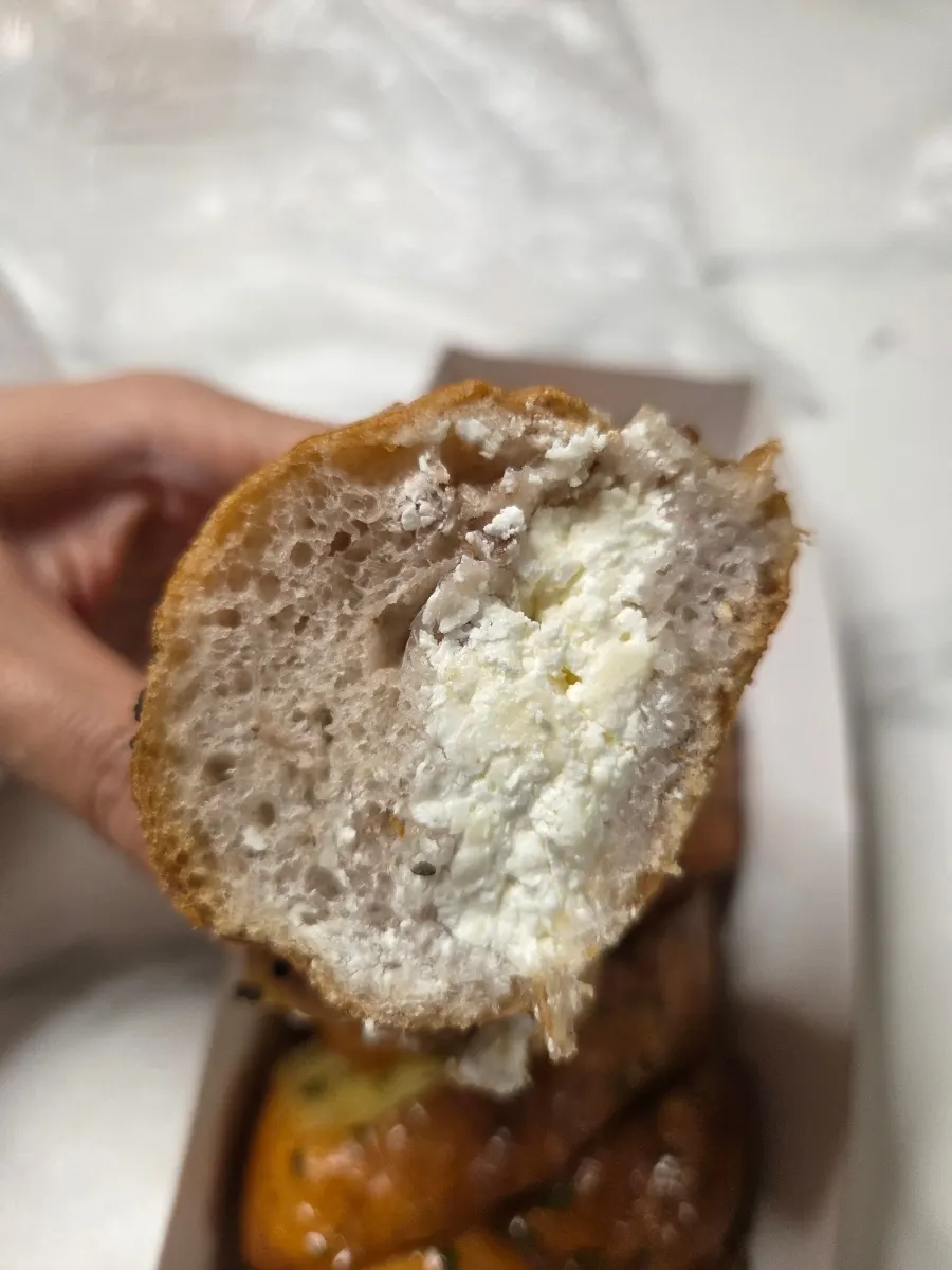 Onion bagel filled with onion cream cheese